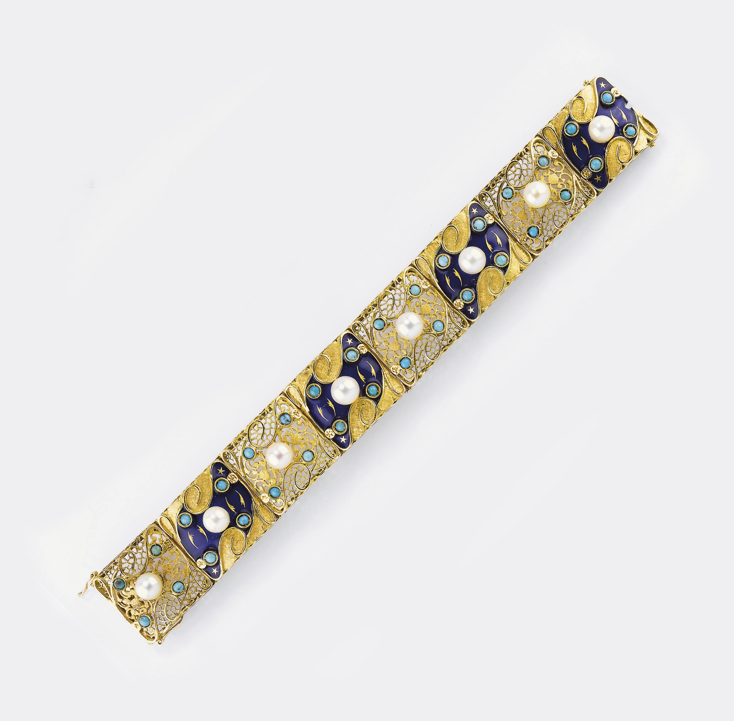 BRACCIALE A FASCIA SEMISNODATO IN ORO, SMALTI, TURCHESI E PERLE COLTIVATE
