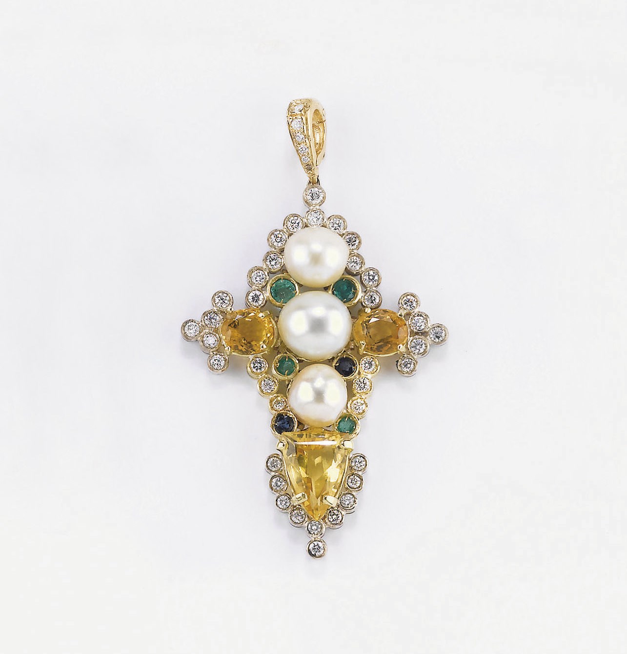 CROCE IN ORO CON PERLE COLTIVATE, BRILLANTI E PIETRE DI COLORE