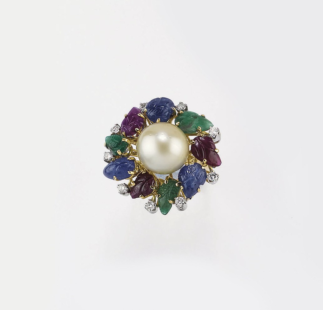 ANELLO IN ORO, PERLA COLTIVATA E PIETRE DI COLORE