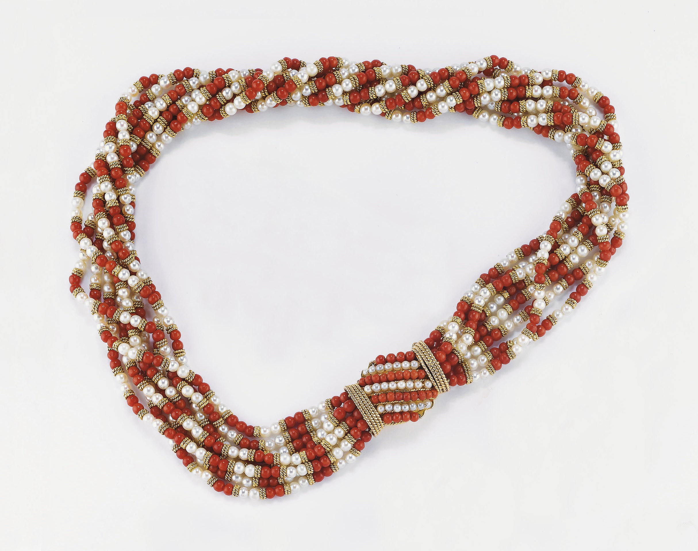 COLLANA MULTIFILI IN ORO, CORALLO E PERLINE COLTIVATE, FIRMATA CUSI