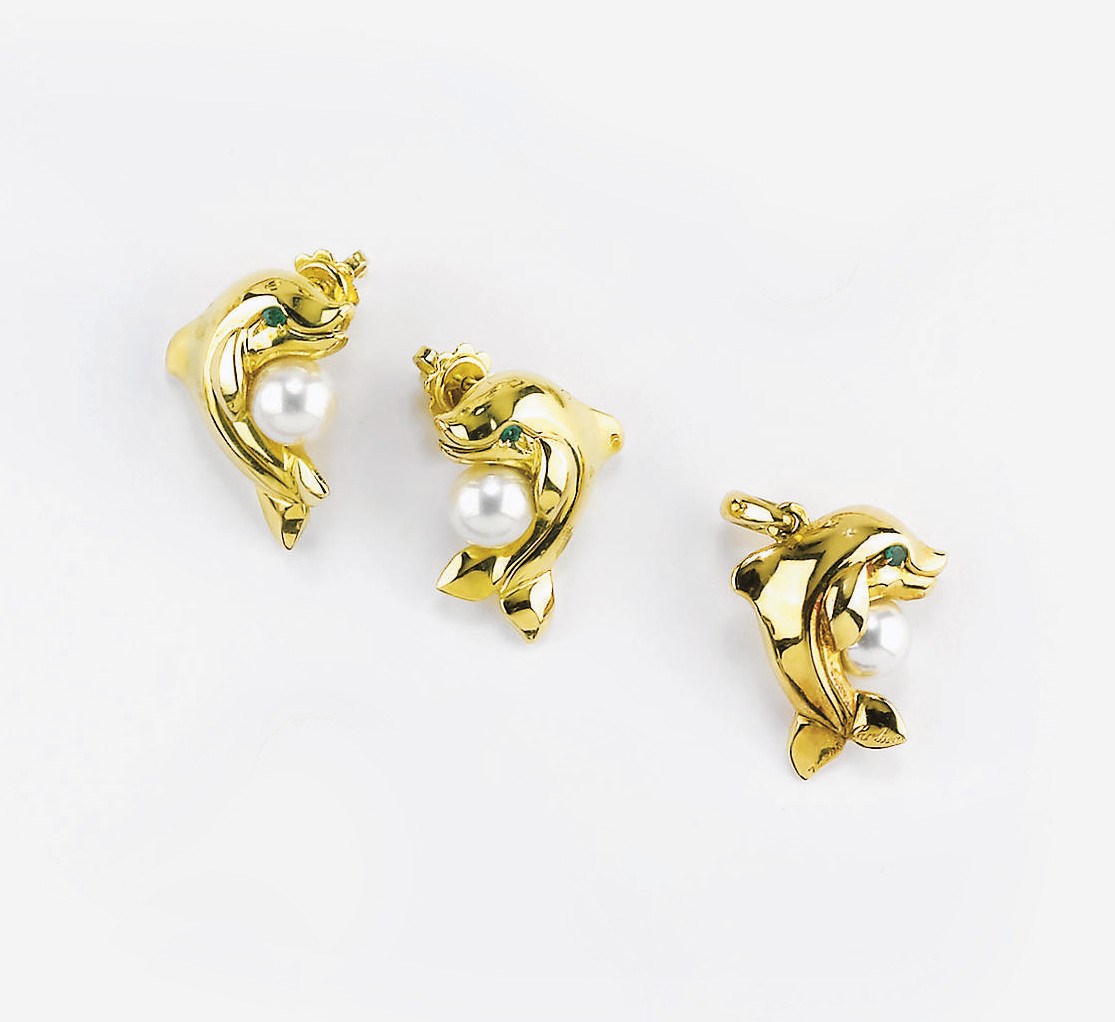 PARURE IN ORO, PERLE COLTIVATE E SMERALDI, FIRMATA CARTIER