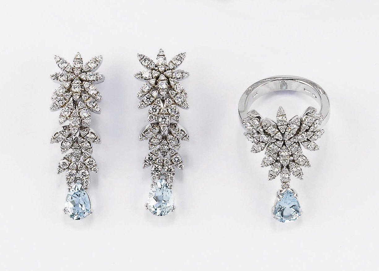 DEMI PARURE IN BRILLANTI E ACQUAMARINE, FIRMATA PASQUALE BRUNI