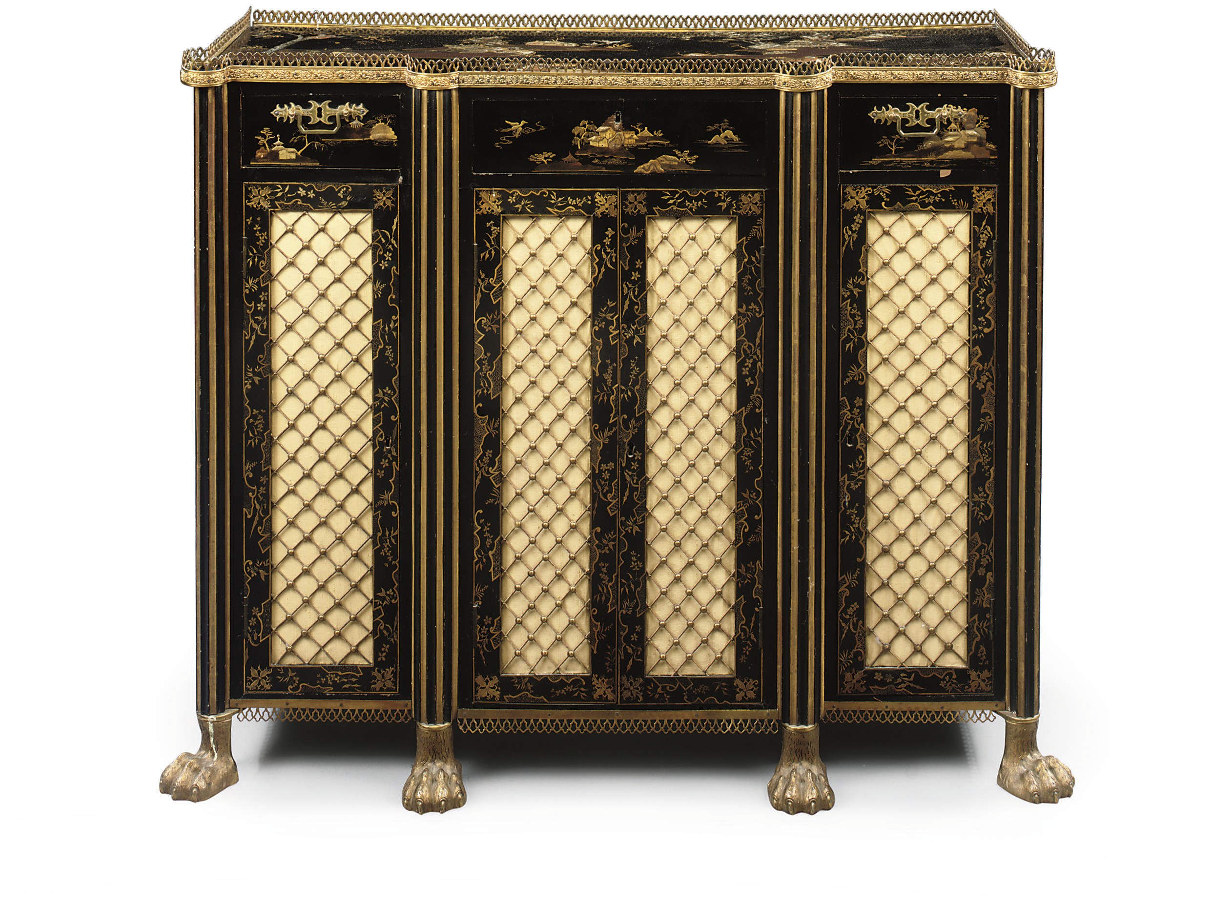 A REGENCY BLACK AND GILT-LACQUER AND JAPANNED BREAKFRONT LOW SIDE CABINET
