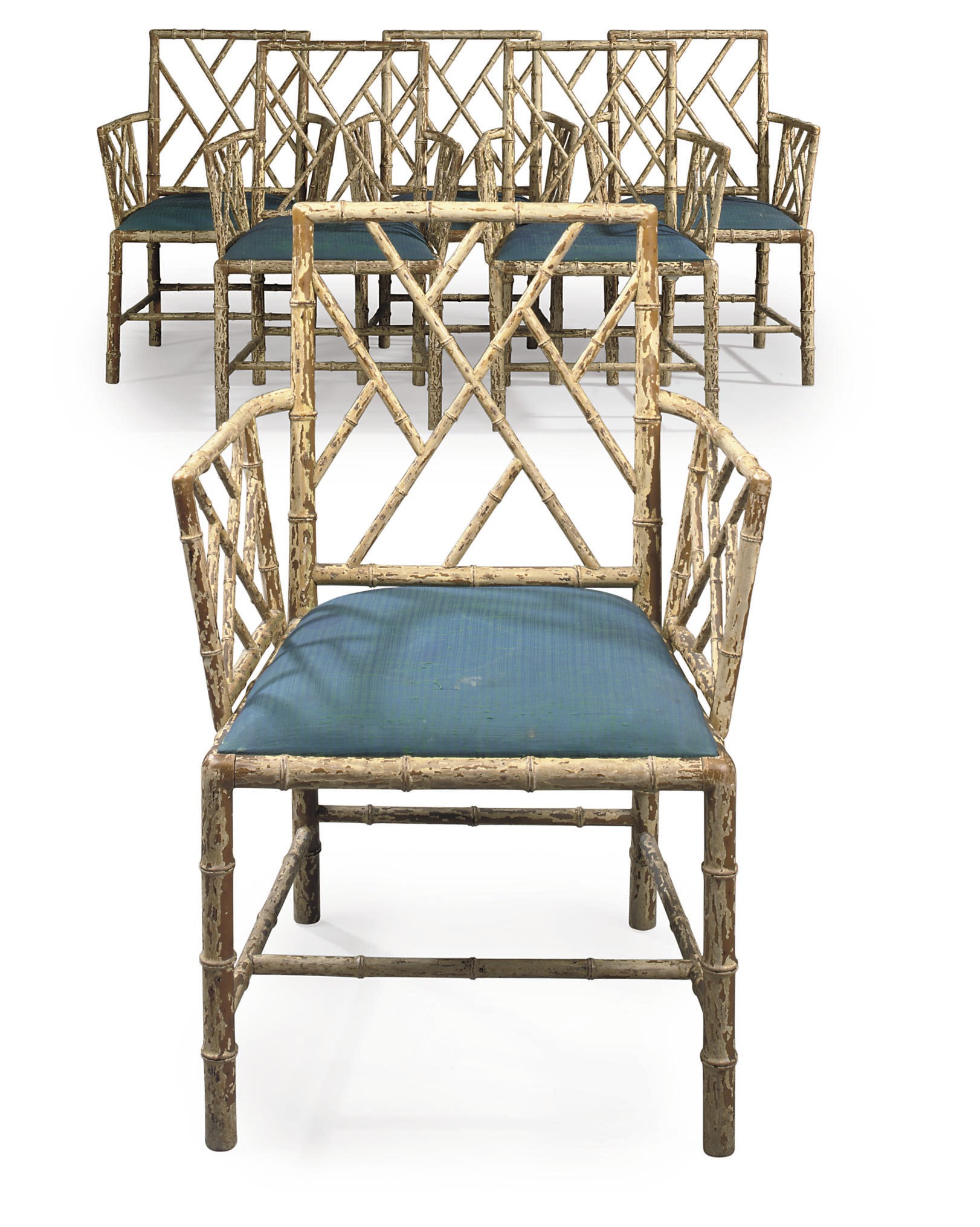 A SET OF SIX GEORGE III SIMULATED-BAMBOO-PAINTED ARMCHAIRS