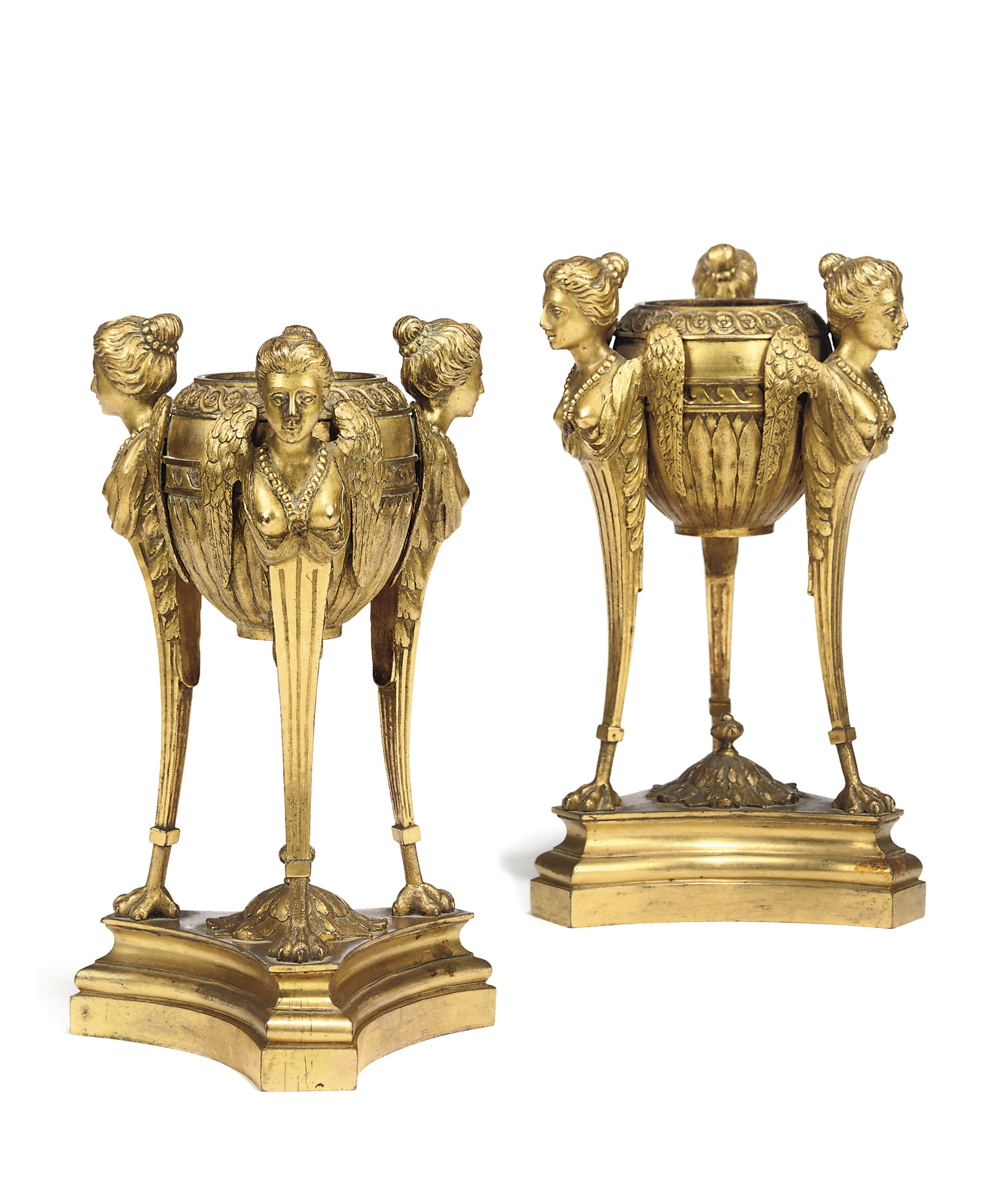 A PAIR OF GEORGE III ORMOLU TRIPOD PERFUME-BURNERS