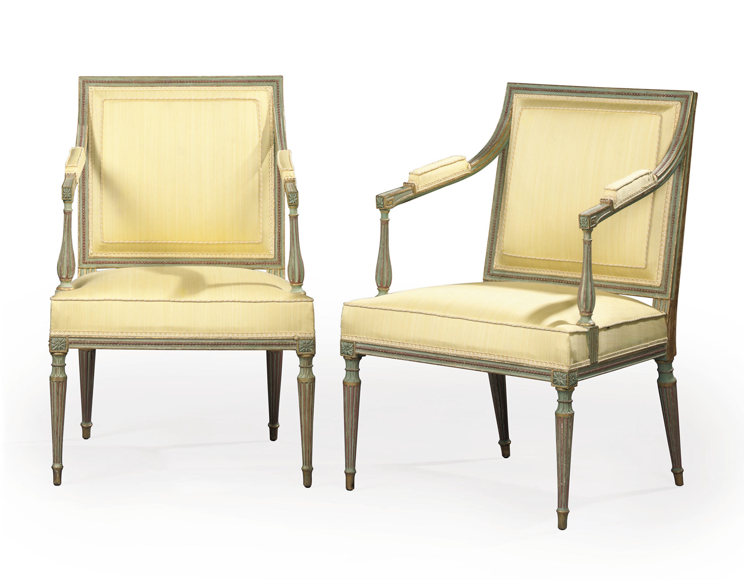 A PAIR OF GEORGE III PALE BLUE-PAINTED AND PARCEL-GILT ARMCHAIRS
