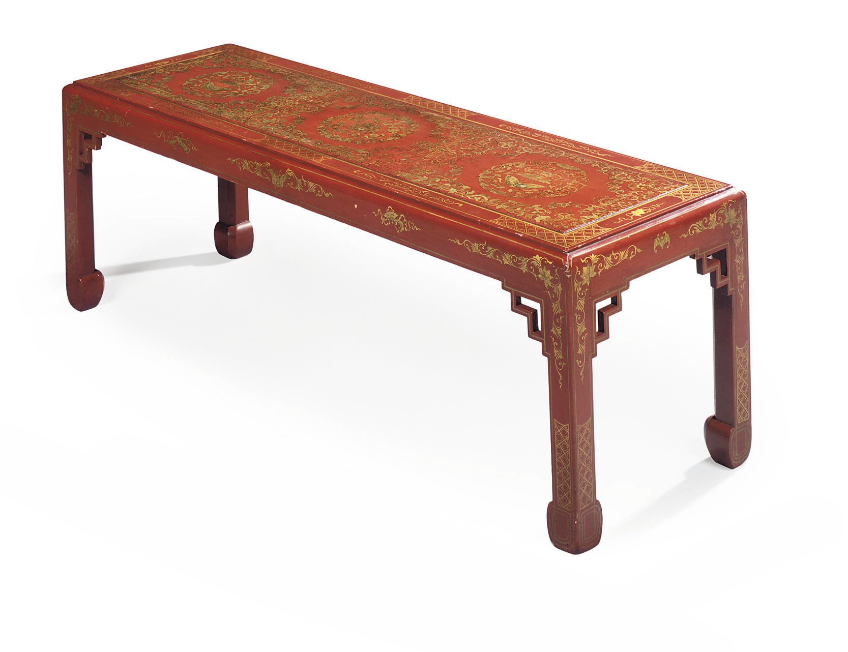A CHINESE RED AND GILT-DECORATED LOW TABLE
