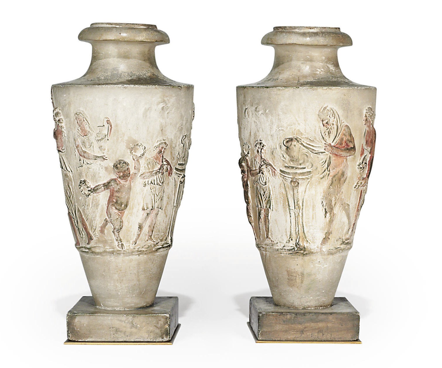 A PAIR OF CREAM AND POLYCHROME-DECORATED PLASTER VASES