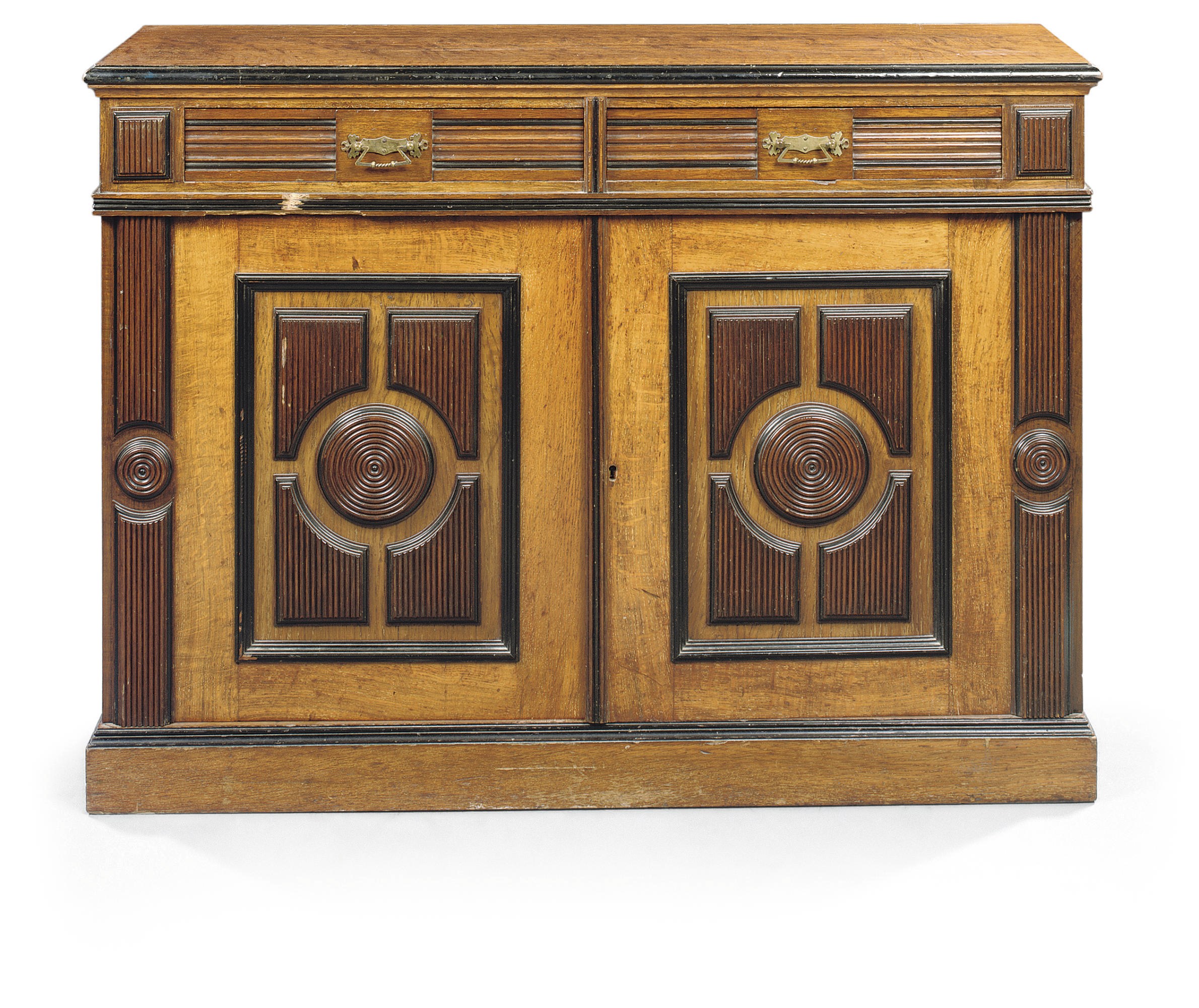 A LATE VICTORIAN OAK AND EBONISED SIDE CABINET