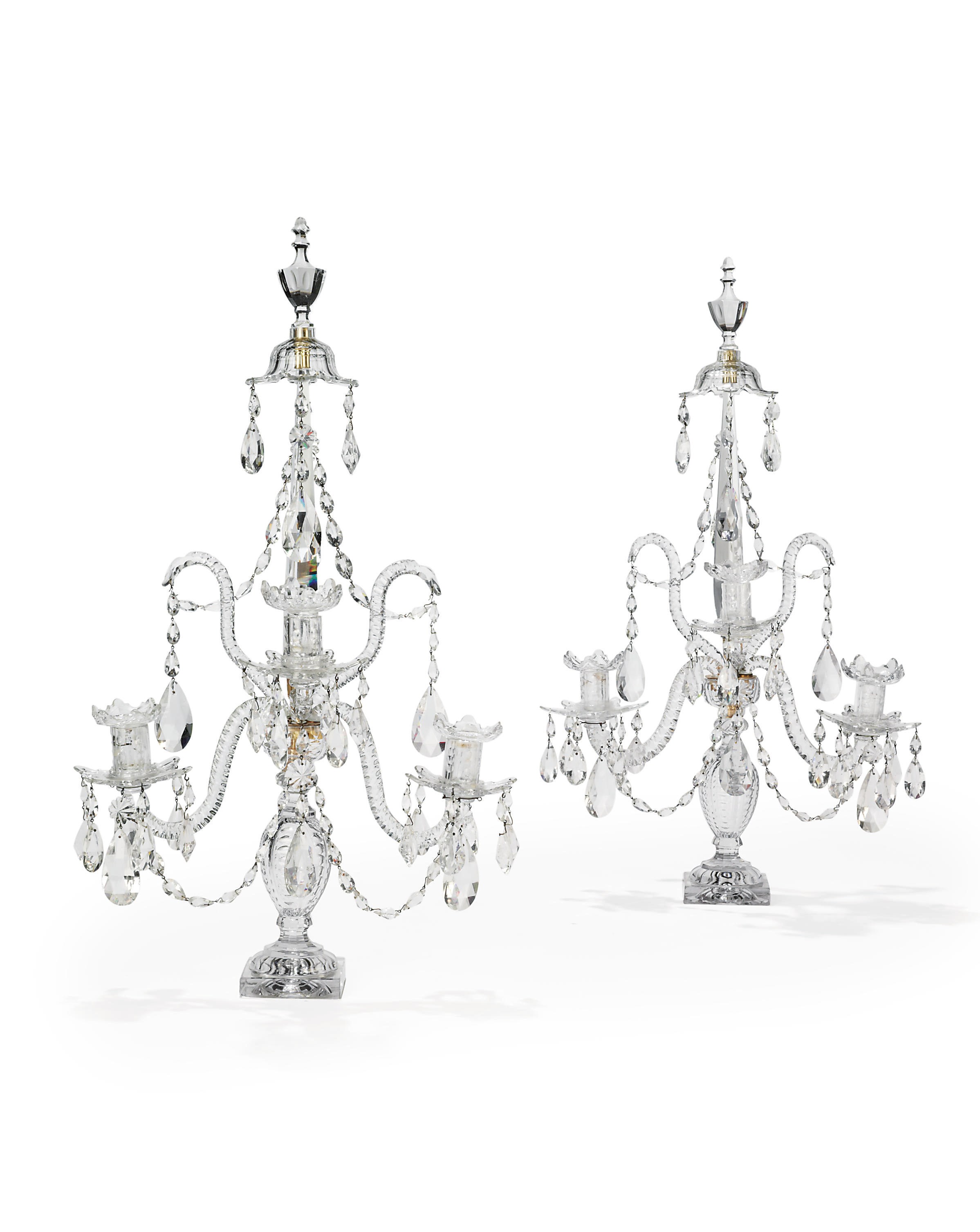 A PAIR OF GEORGE III CUT-GLASS THREE-LIGHT CANDELABRA