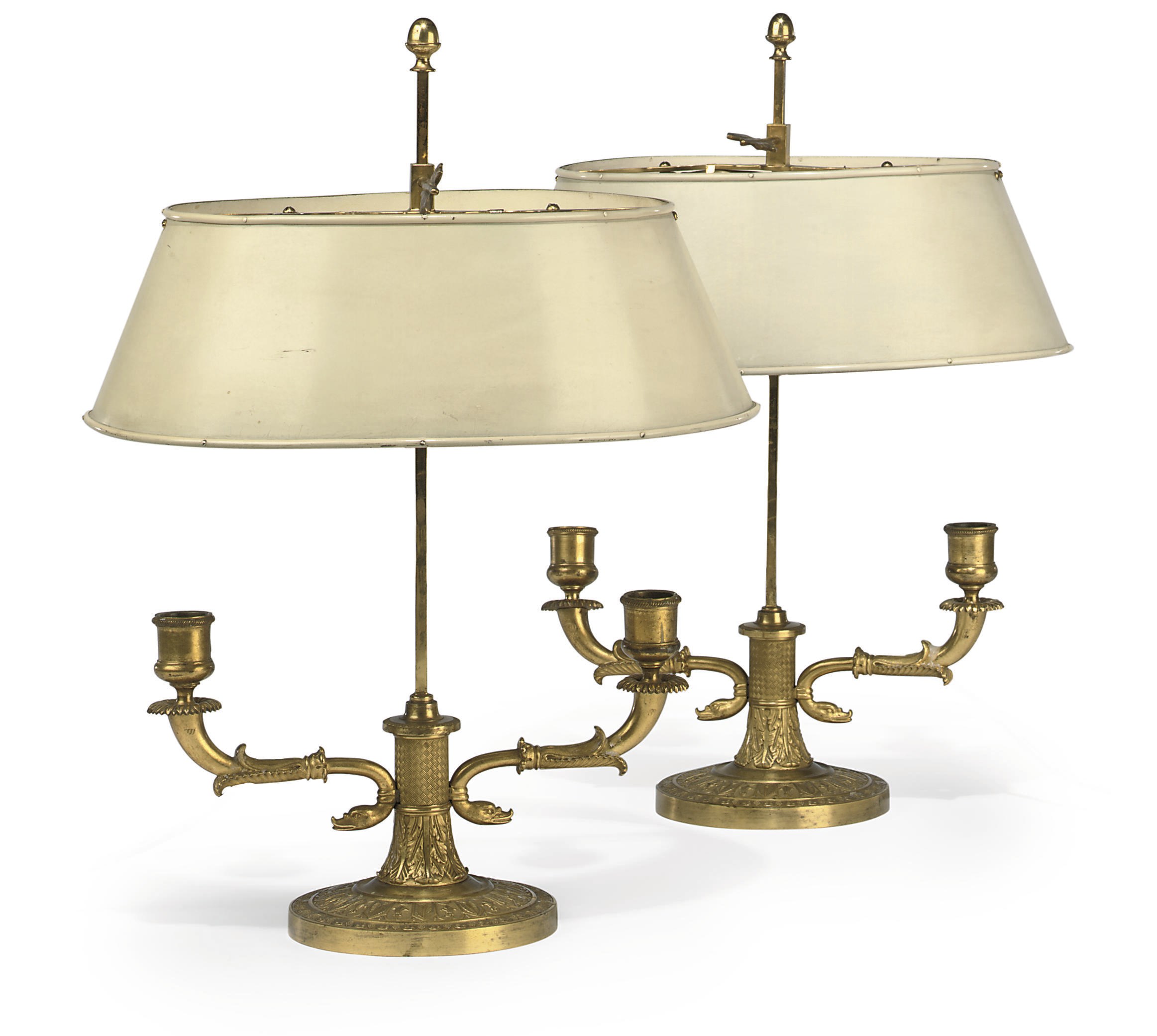 A PAIR OF FRENCH ORMOLU TWIN-BRANCH LAMPE BOUILLOTTES