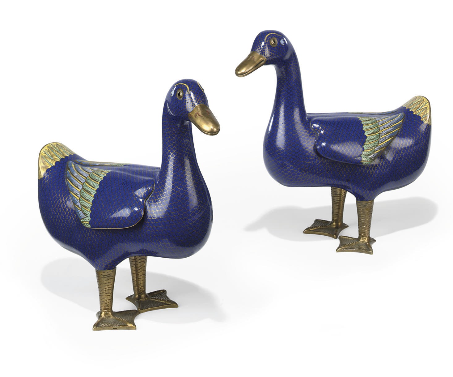 A PAIR OF CHINESE CLOISONNÉ ENAMEL MODELS OF DUCKS