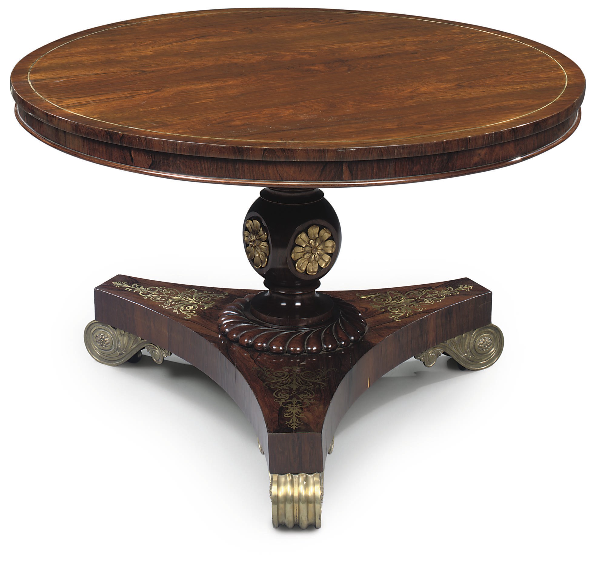 A GEORGE IV BRASS-INLAID AND MOUNTED ROSEWOOD CIRCULAR CENTRE TABLE