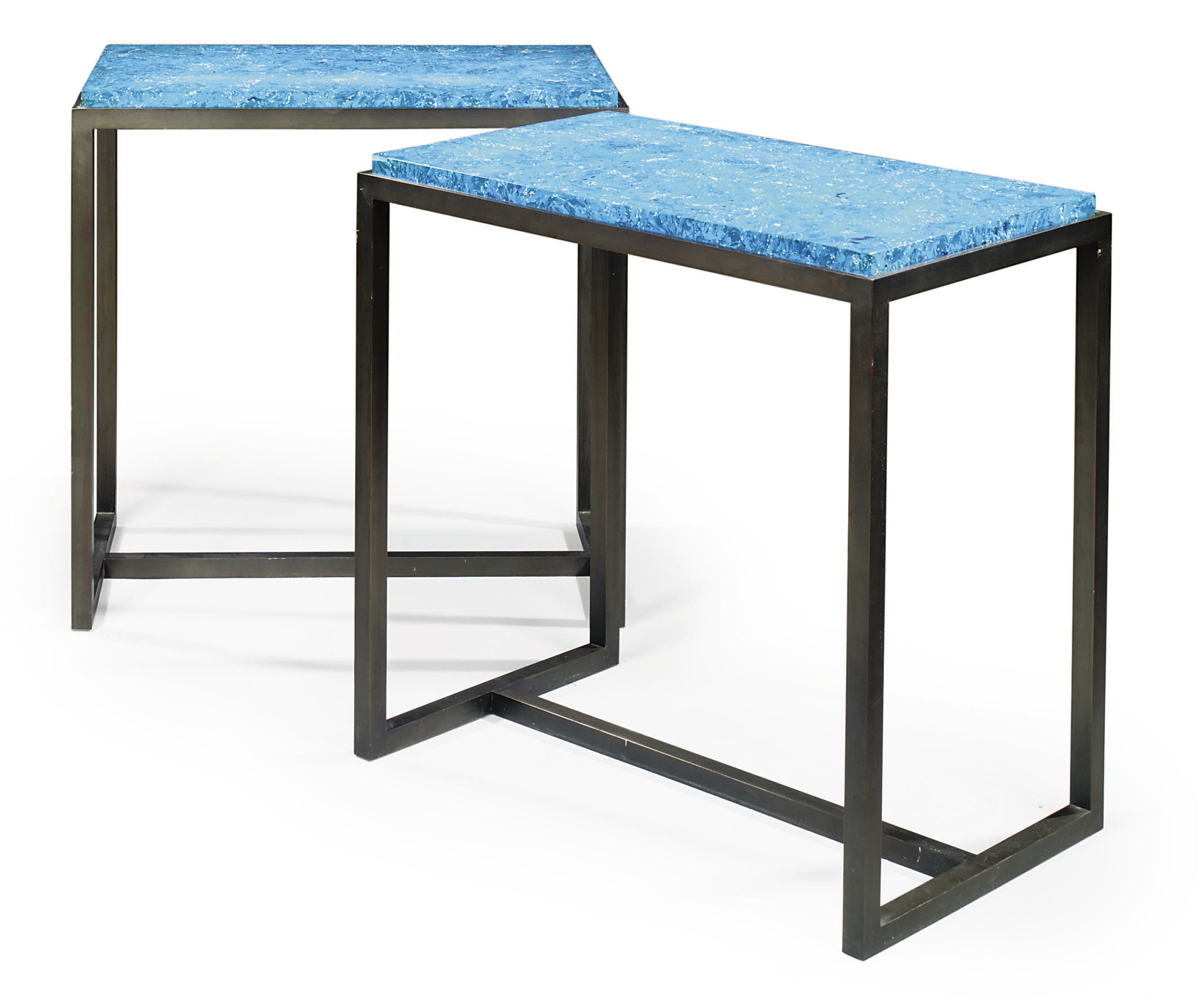 A PAIR OF BLACKENED STEEL AND SCAGLIOLA SIDE TABLES