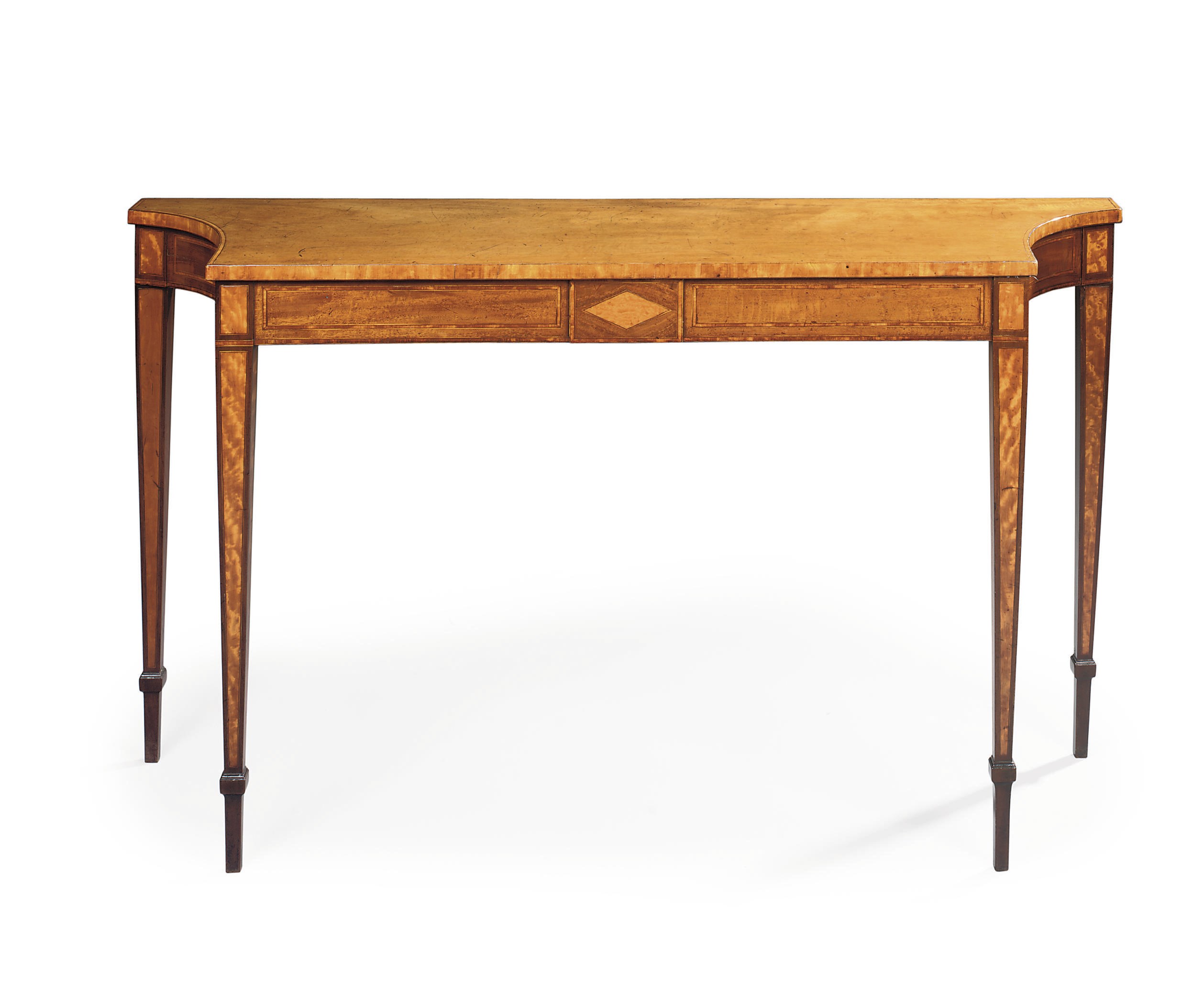 A GEORGE III MAHOGANY AND SATINWOOD SIDE TABLE