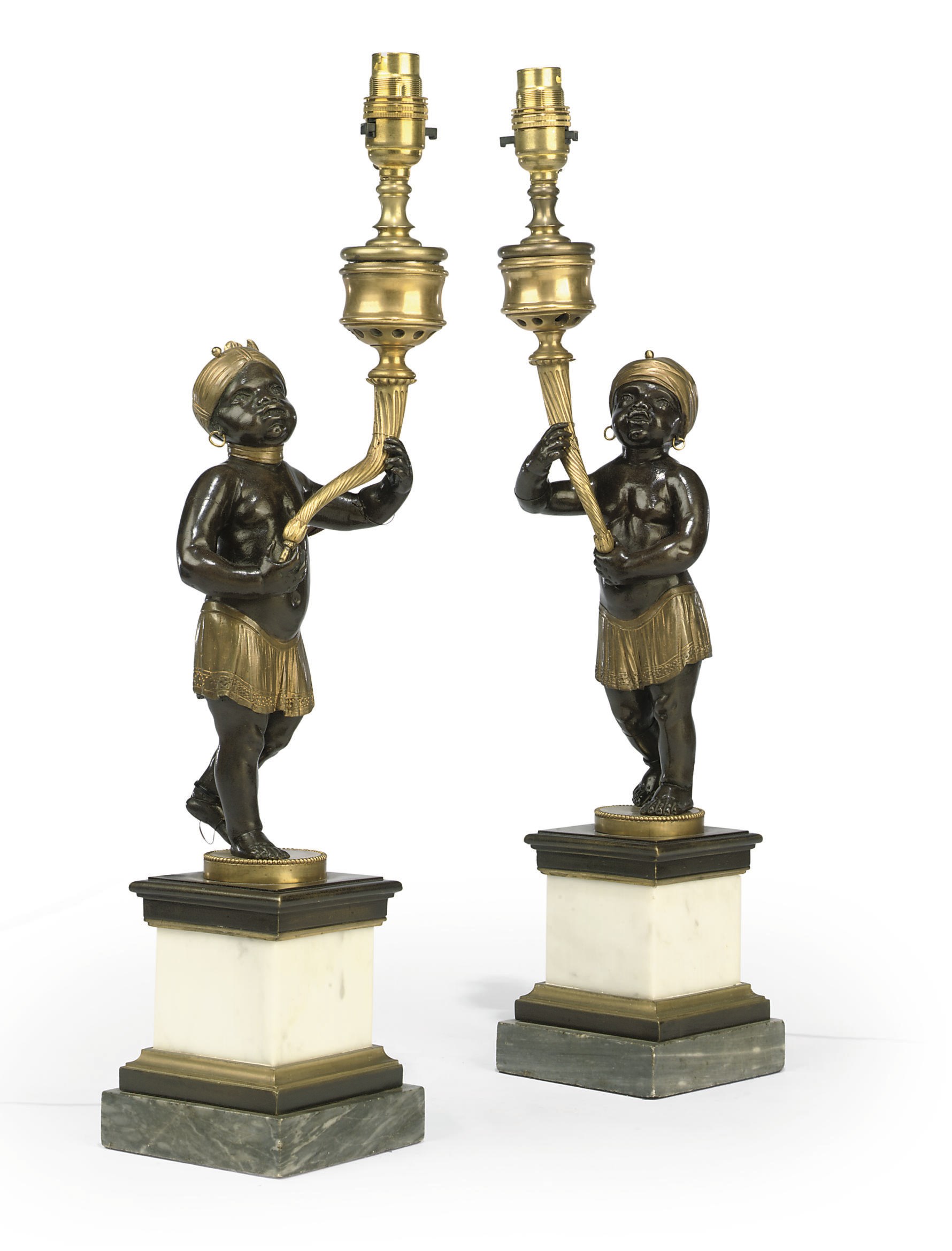A PAIR OF ENGLISH ORMOLU, PATINATED BRONZE AND MARBLE CANDLESTICKS