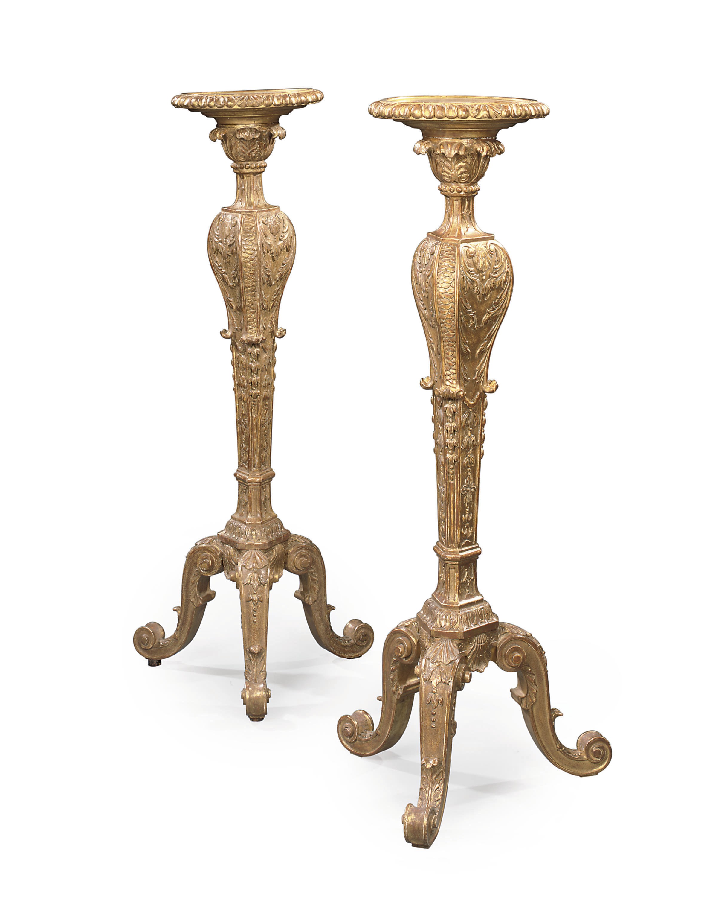A PAIR OF ENGLISH GILTWOOD TORCHERES