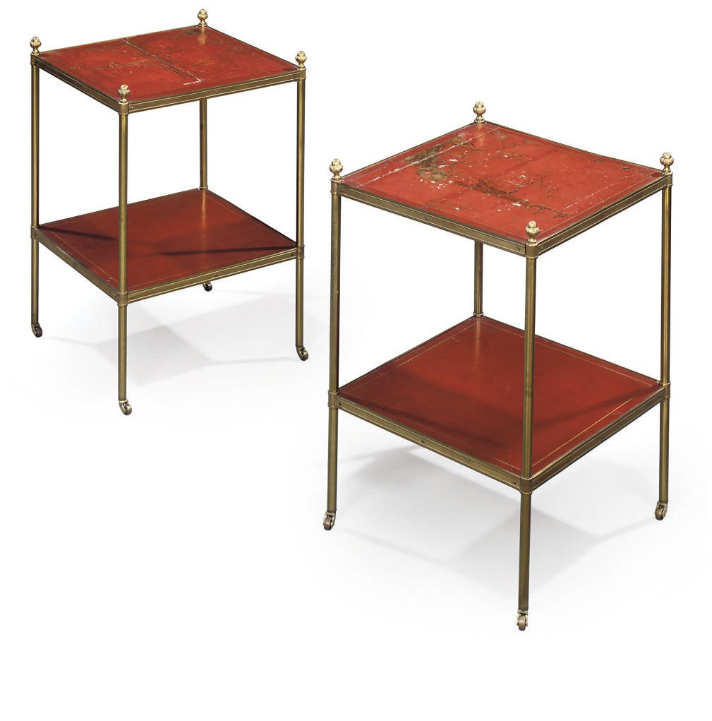 A PAIR OF BRASS-MOUNTED RED AND GILT-LACQUER LOW TABLES