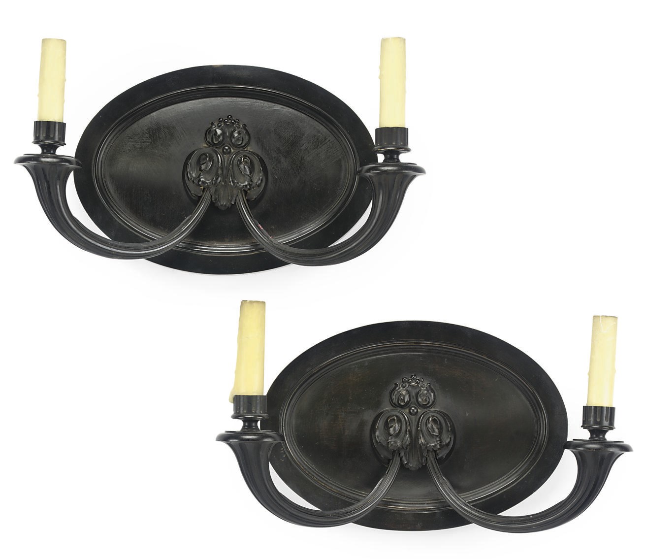 A PAIR OF FRENCH PATINATED BRONZE TWIN-BRANCH WALL LIGHTS