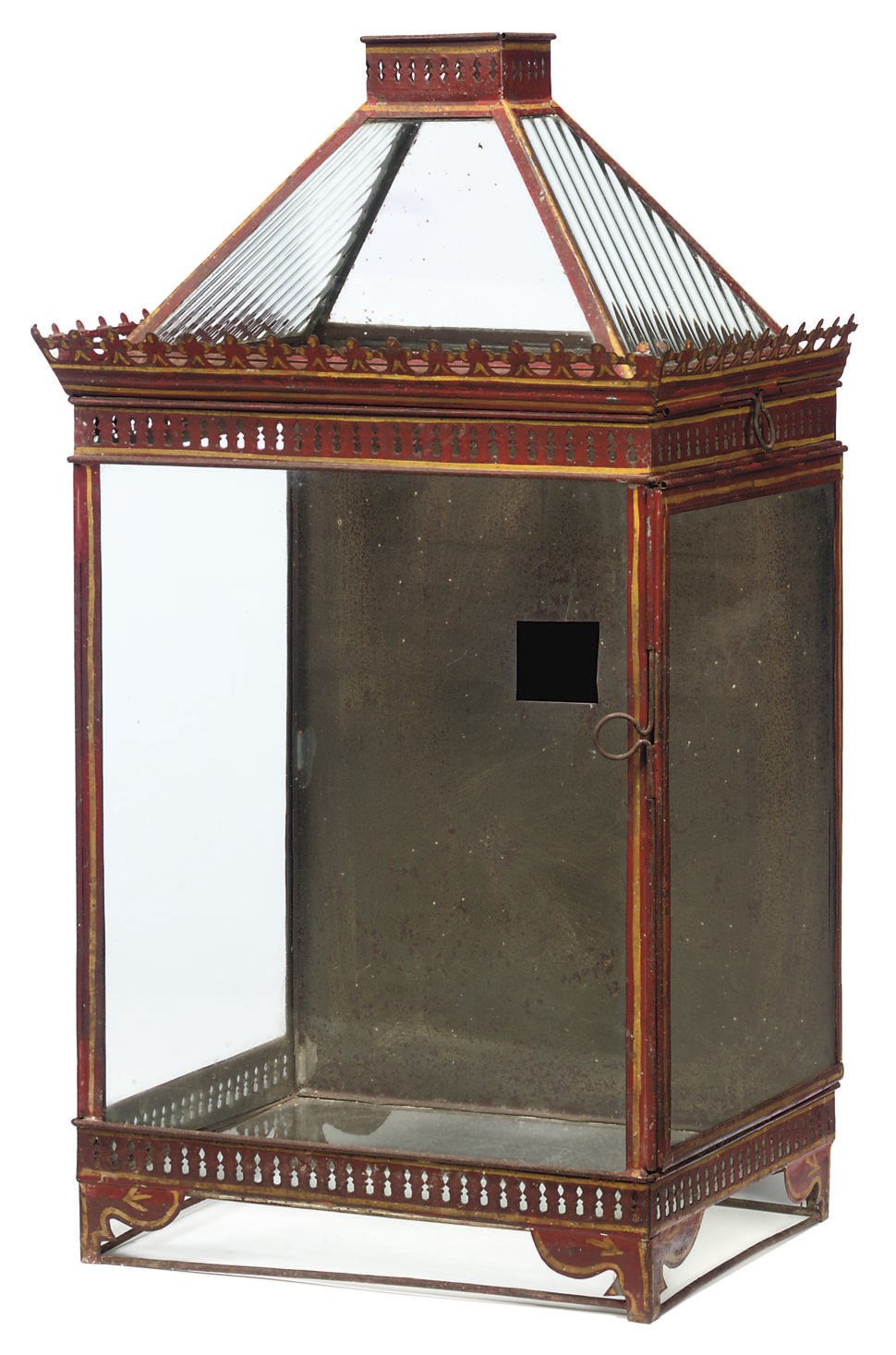 A REGENCY RED AND YELLOW-PAINTED TOLE AND GLASS HALL LANTERN