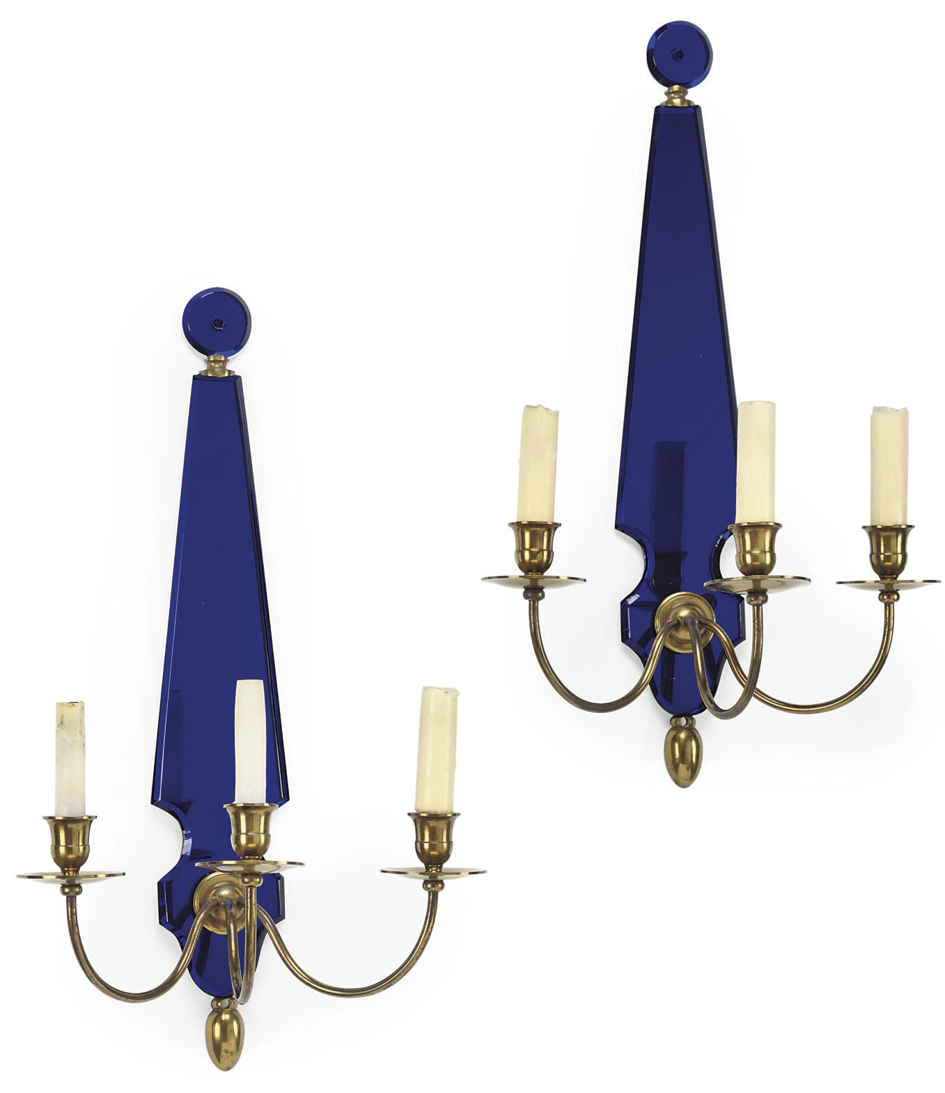 A PAIR OF FRENCH BRASS AND BLUE-GLASS THREE-BRANCH WALL LIGHTS