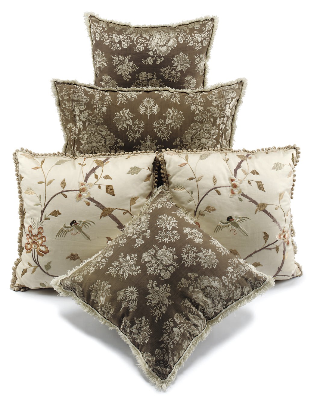 A SET OF FIVE SILK-DAMASK EMBROIDERED CUSHIONS