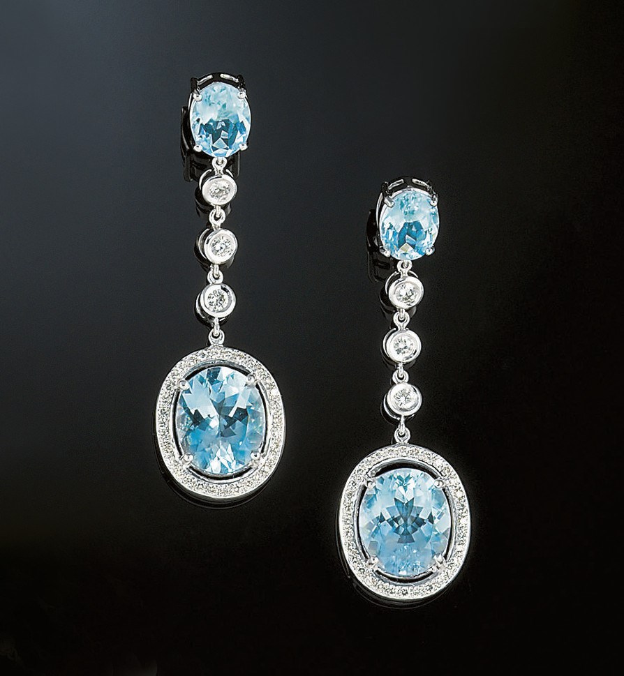 A pair of aquamarine and diamond earpendants