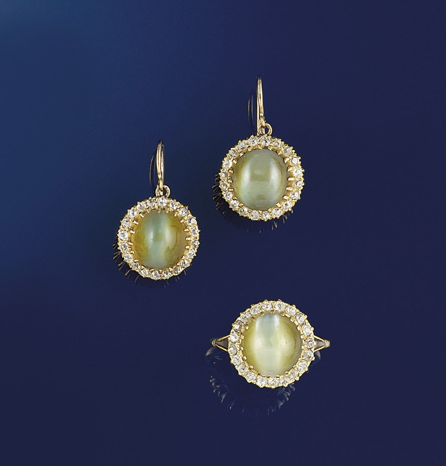 A group of chrysoberyl cat's eye and diamond jewellery