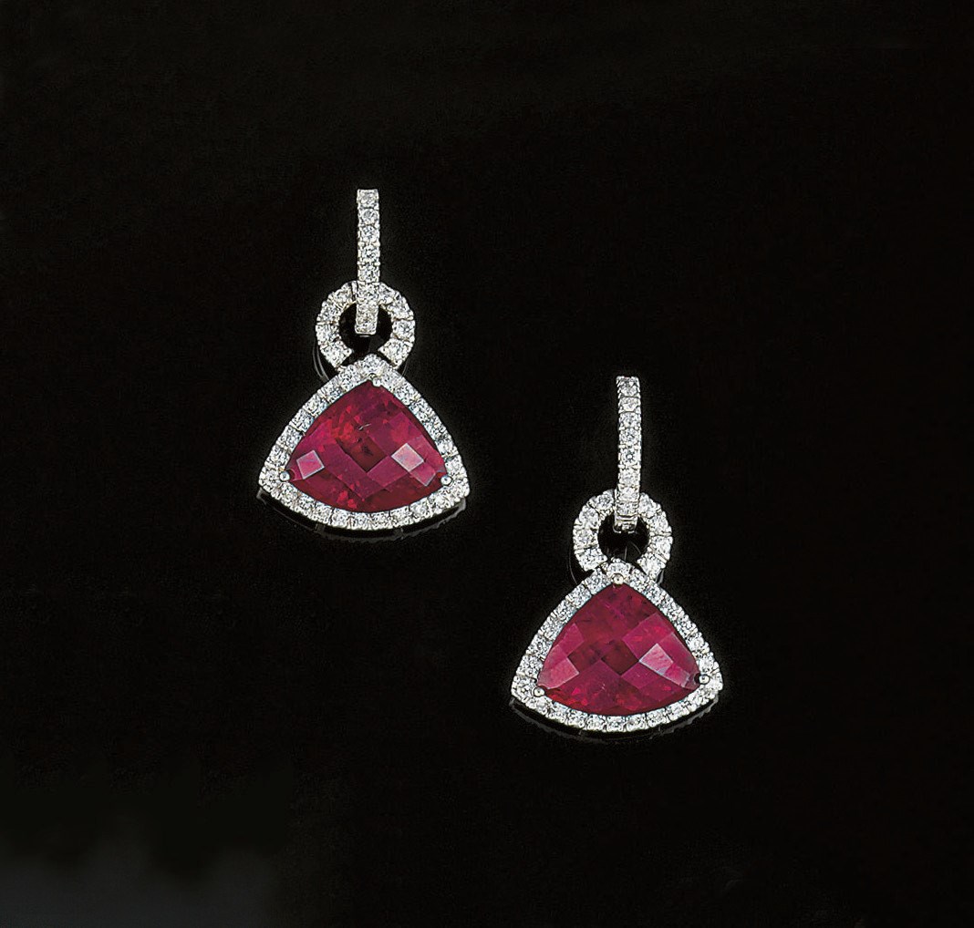 A pair of pink tourmaline and diamond earpendants