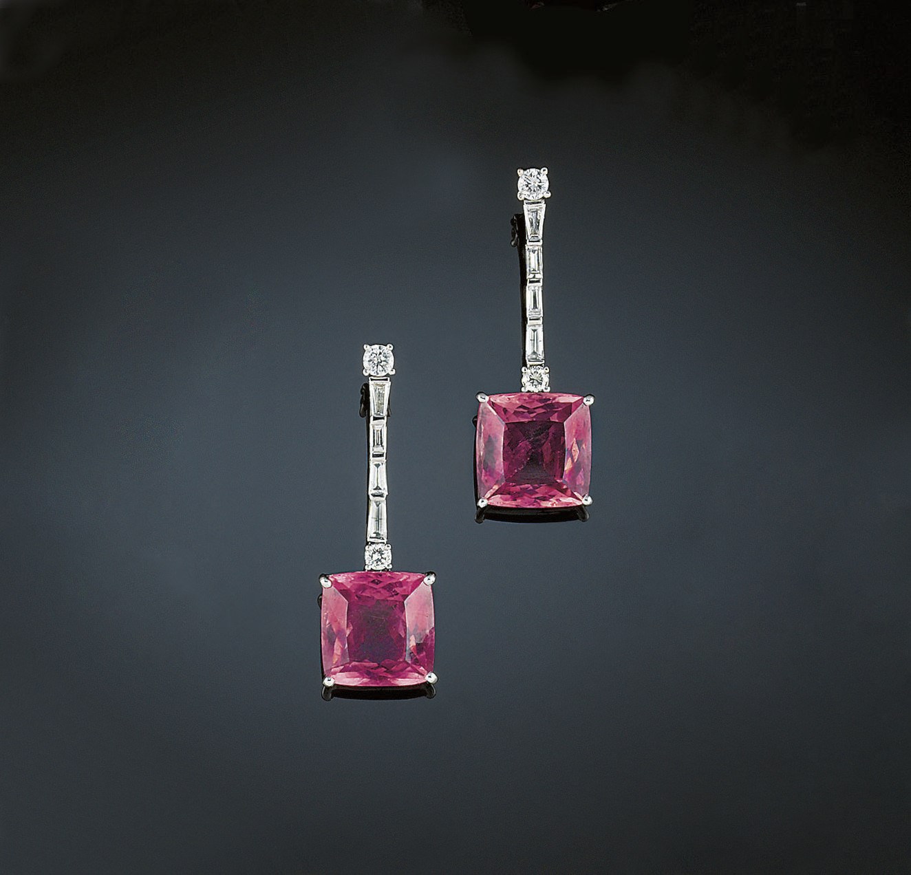 A pair of pink tourmaline and diamond earpendants