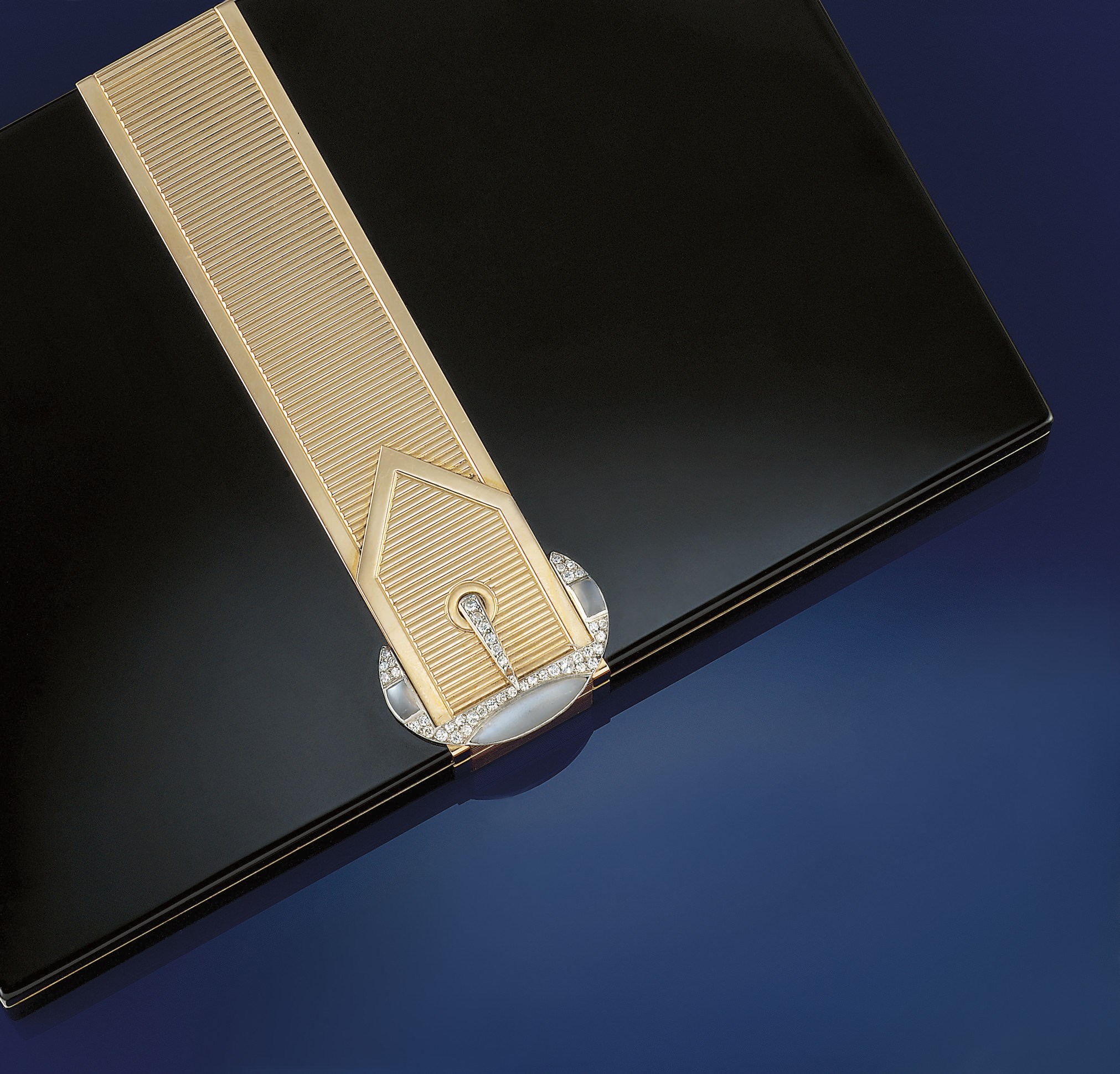 A silver gilt, enamel, diamond and moonstone minaudiere, by Van Cleef & Arpels