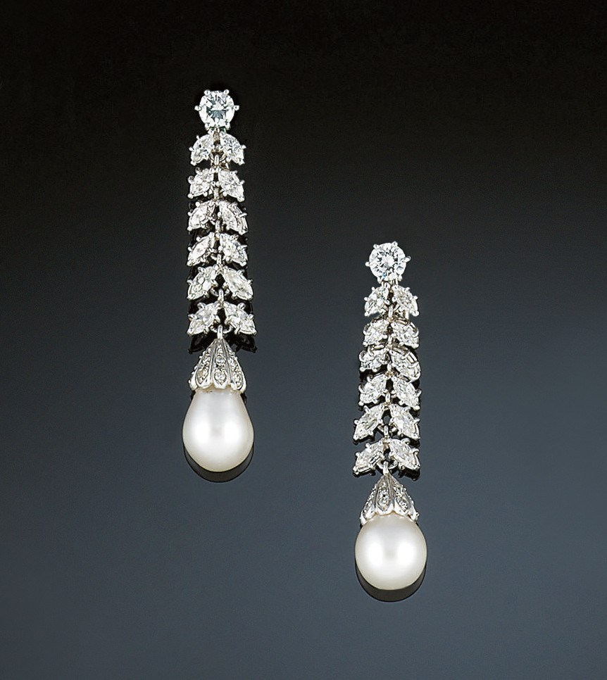 A pair of diamond and cultured pearl earpendants
