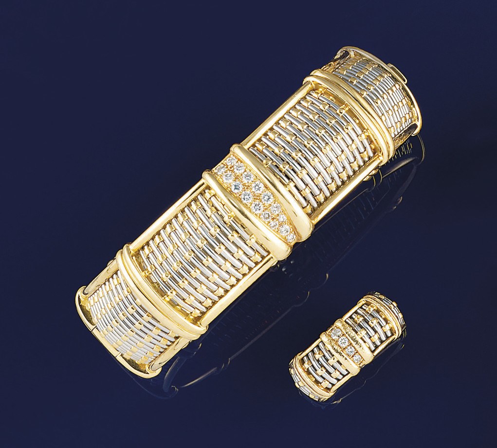 A diamond set bi-metallic bangle and ring, by Cartier