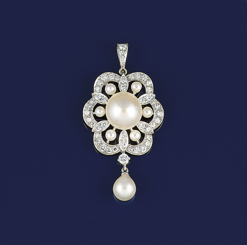 An early 20th century pearl and diamond pendant