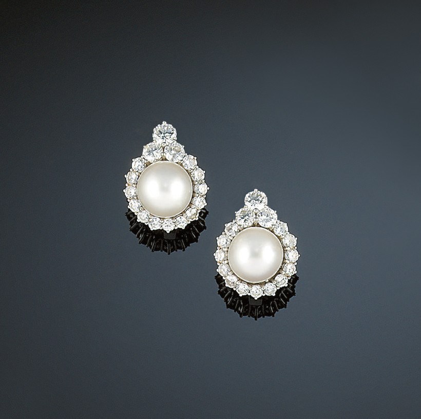 A pair of cultured pearl and diamond earclips
