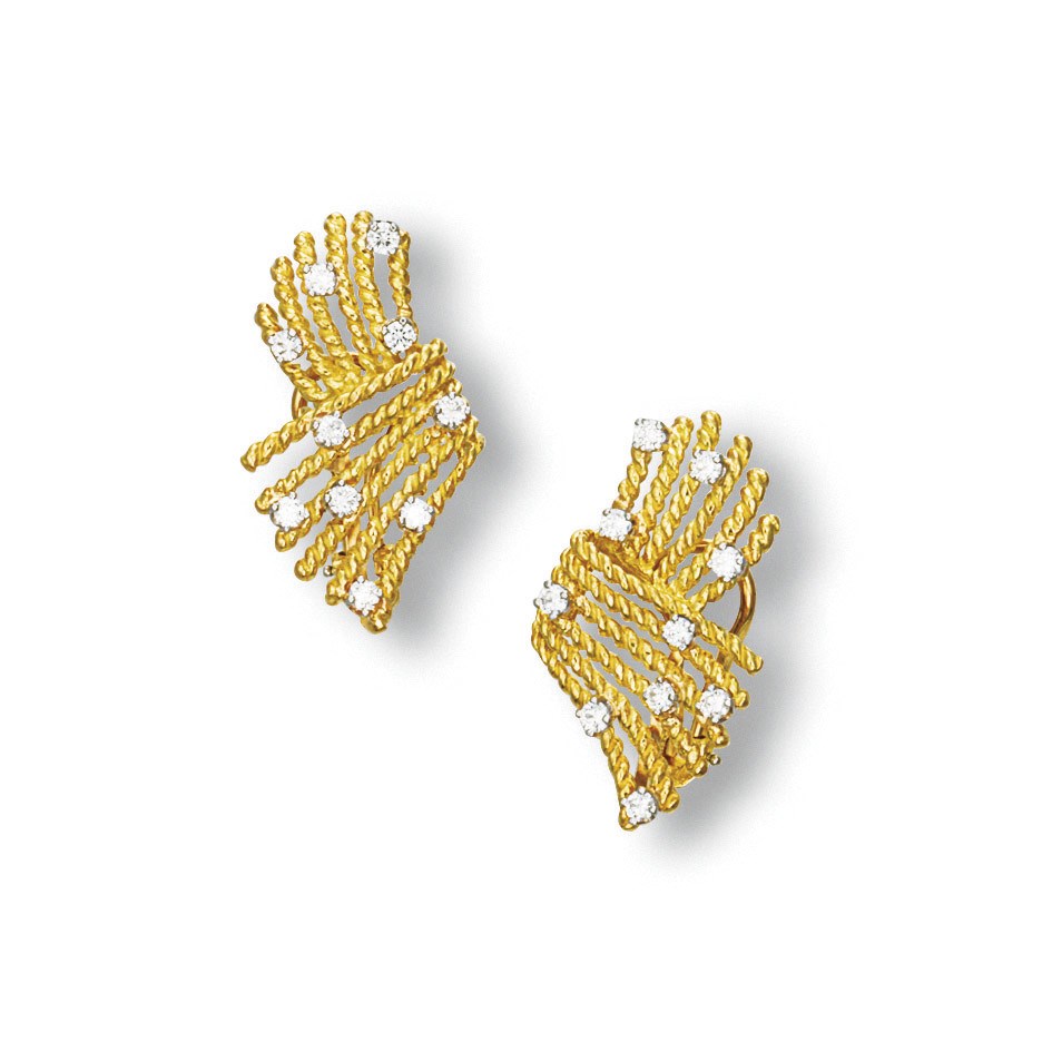 A PAIR OF DIAMOND AND GOLD EAR CLIPS, BY JEAN SCHLUMBERGER FOR TIFFANY & CO.