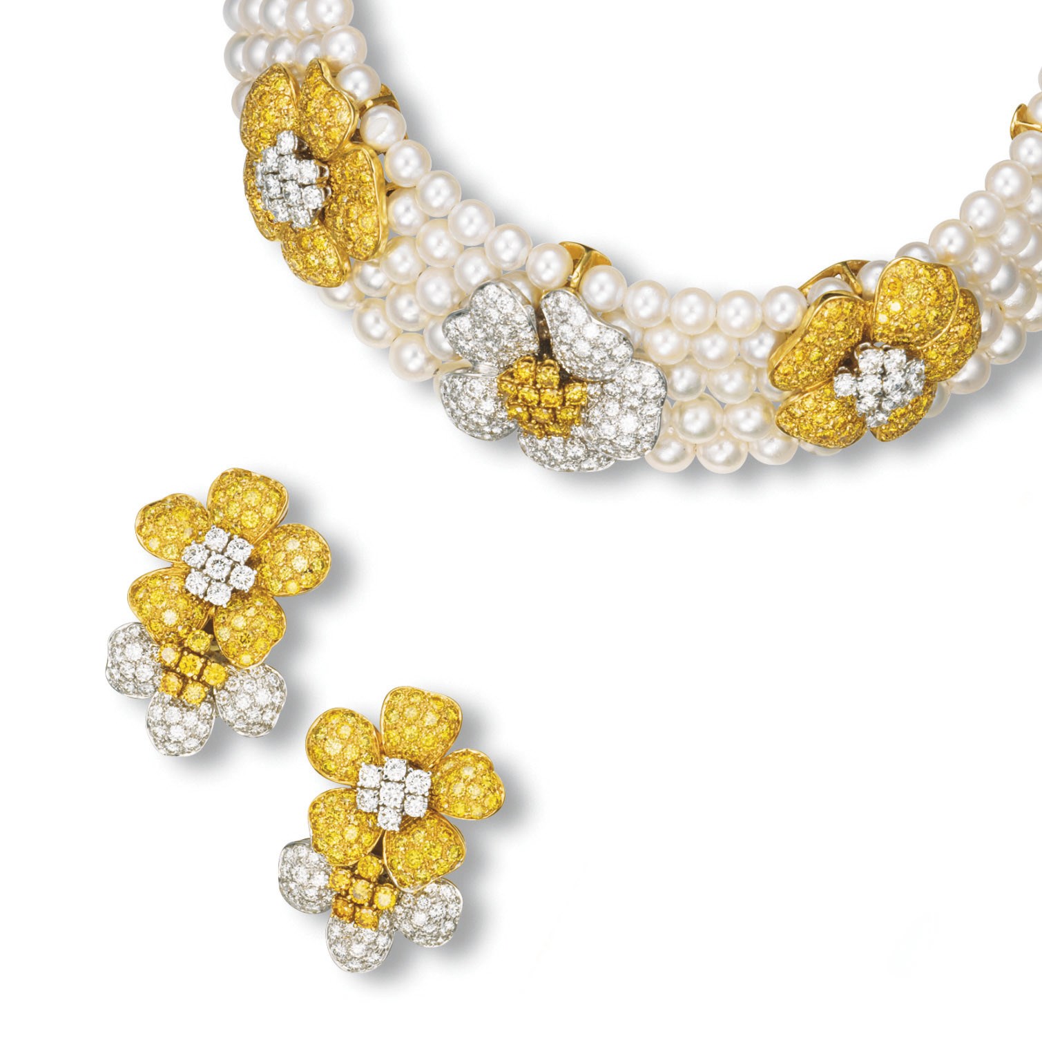 A SUITE OF CULTURED PEARL, COLOURED DIAMOND AND DIAMOND JEWELLERY
