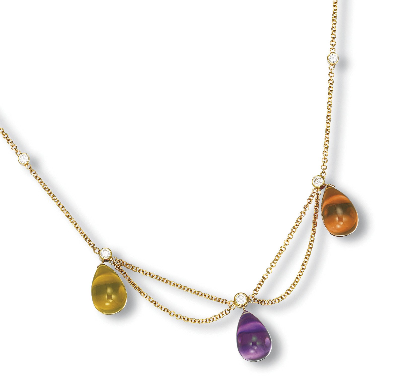 A MULTI-COLOURED QUARTZ AND DIAMOND PENDENT NECKLACE