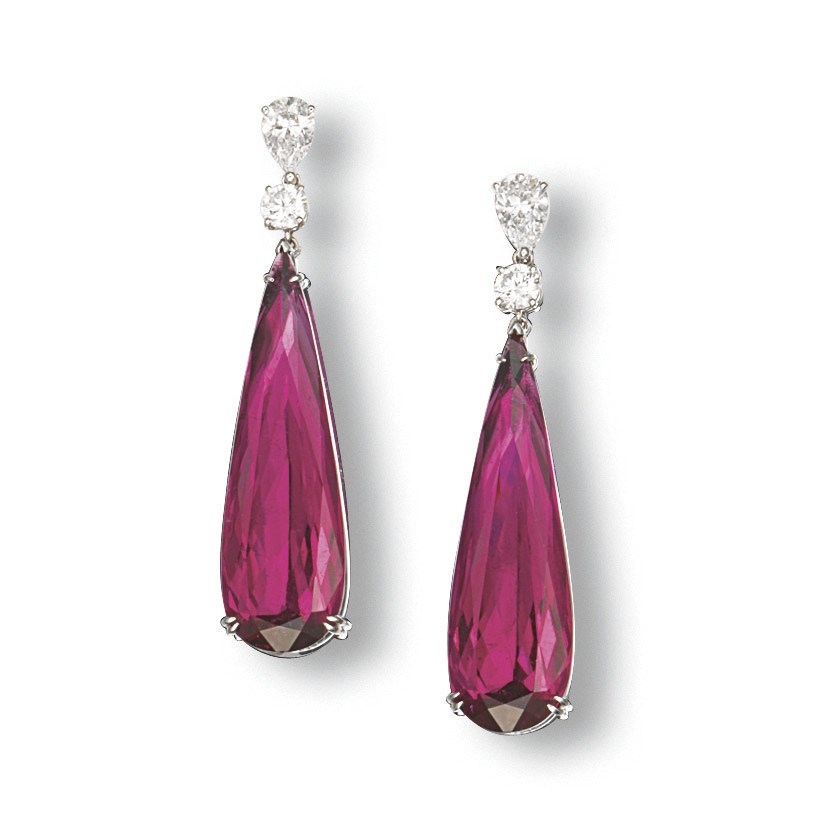 A PAIR OF RUBELLITE TOURMALINE AND DIAMOND EAR PENDANTS