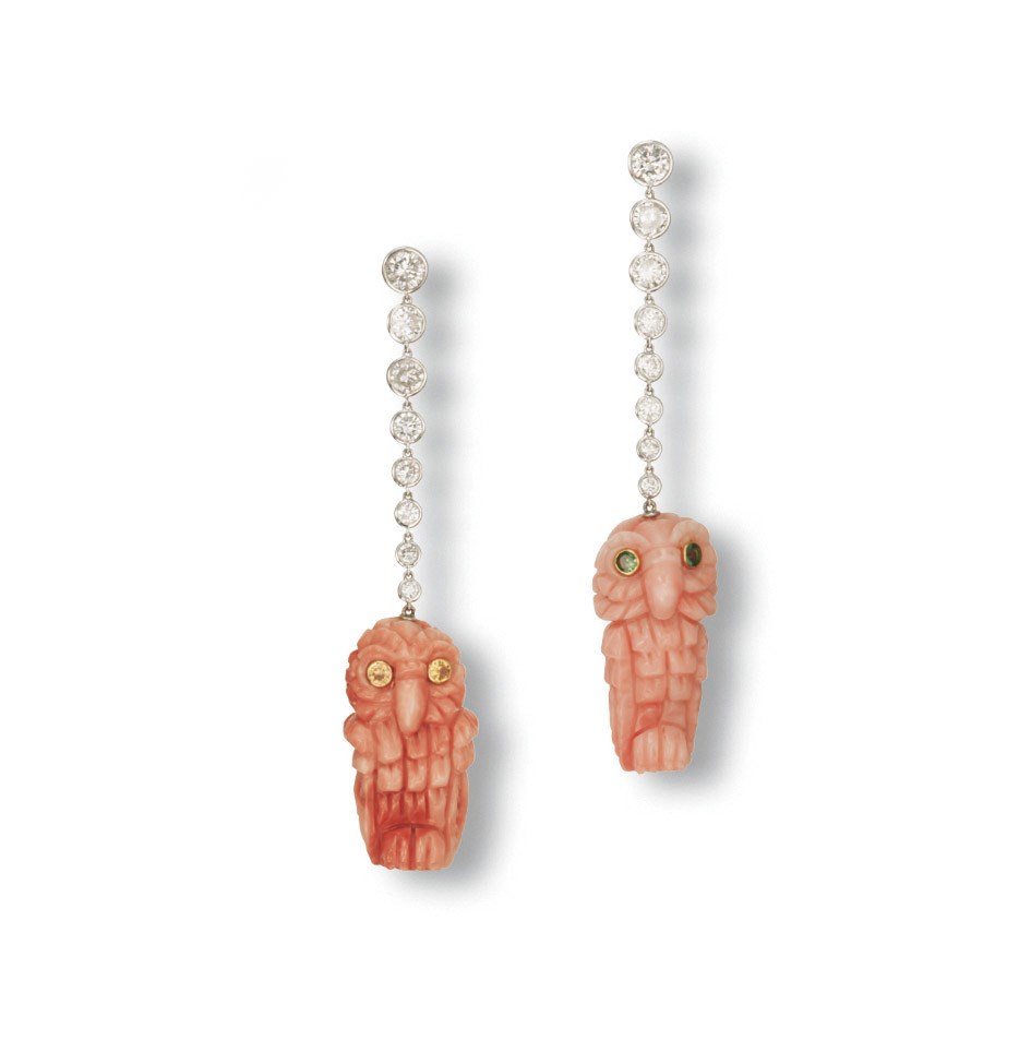 **A PAIR OF CORAL AND MULTI-GEM EAR PENDANTS, BY MICHELE DELLA VALLE