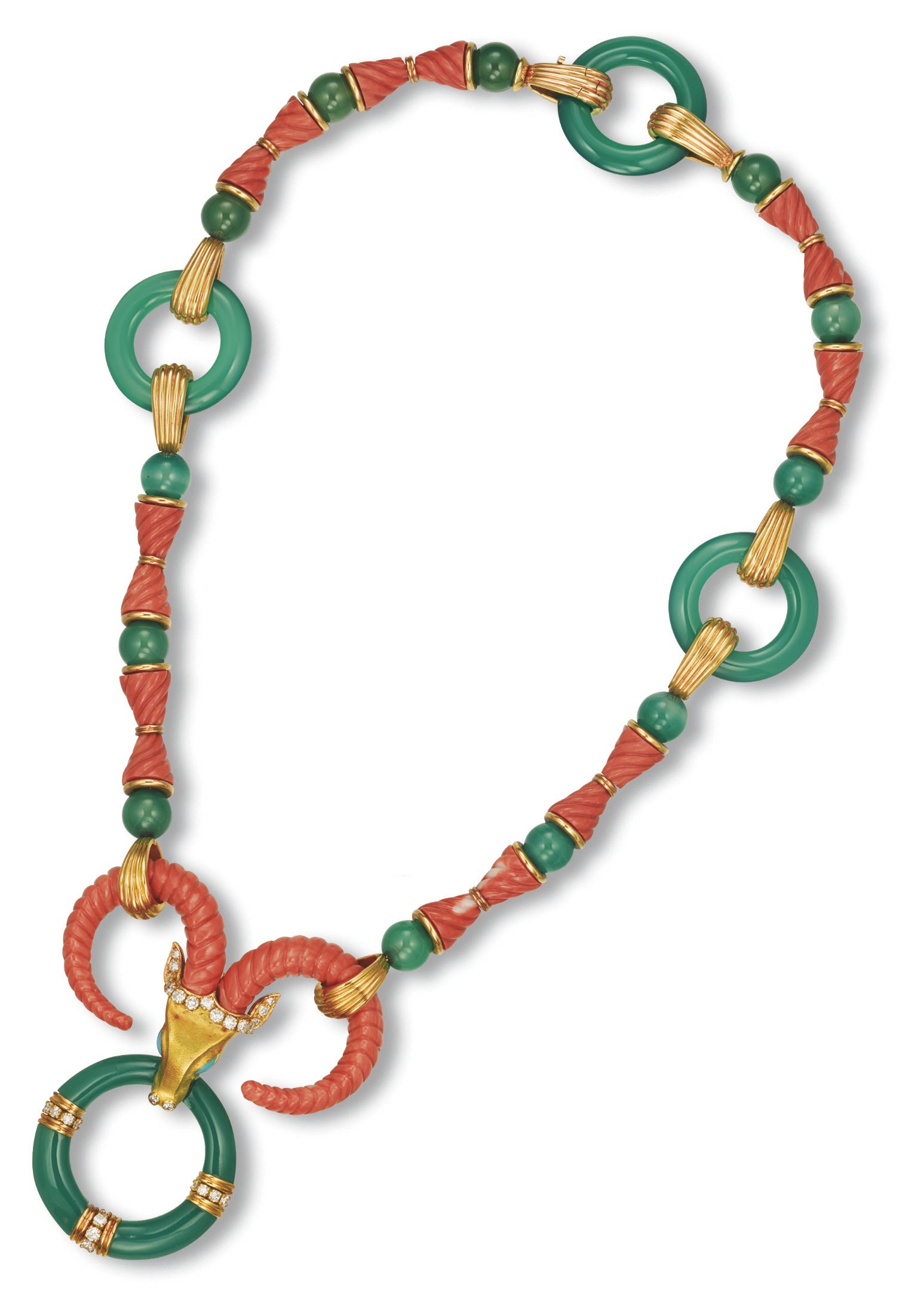 **A CORAL, CHALCEDONY AND DIAMOND NECKLACE, BY CARTIER