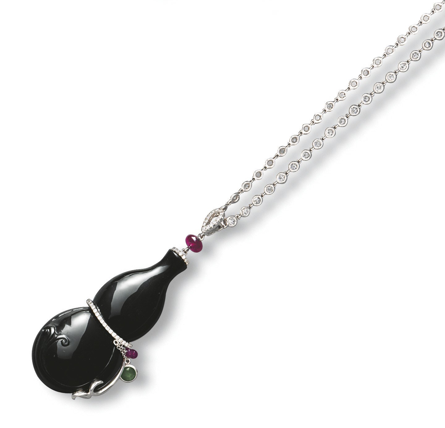 A JADEITE, DIAMOND AND RUBY PENDENT NECKLACE