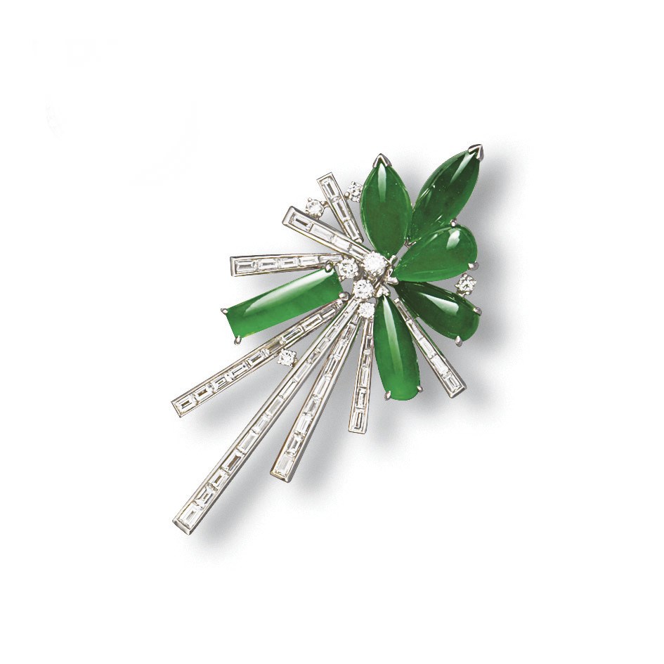 A JADEITE AND DIAMOND BROOCH