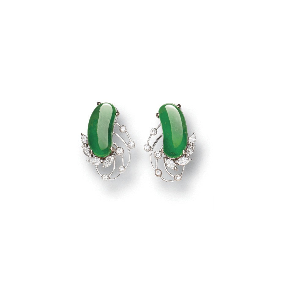 A PAIR OF JADEITE AND DIAMOND EARRINGS