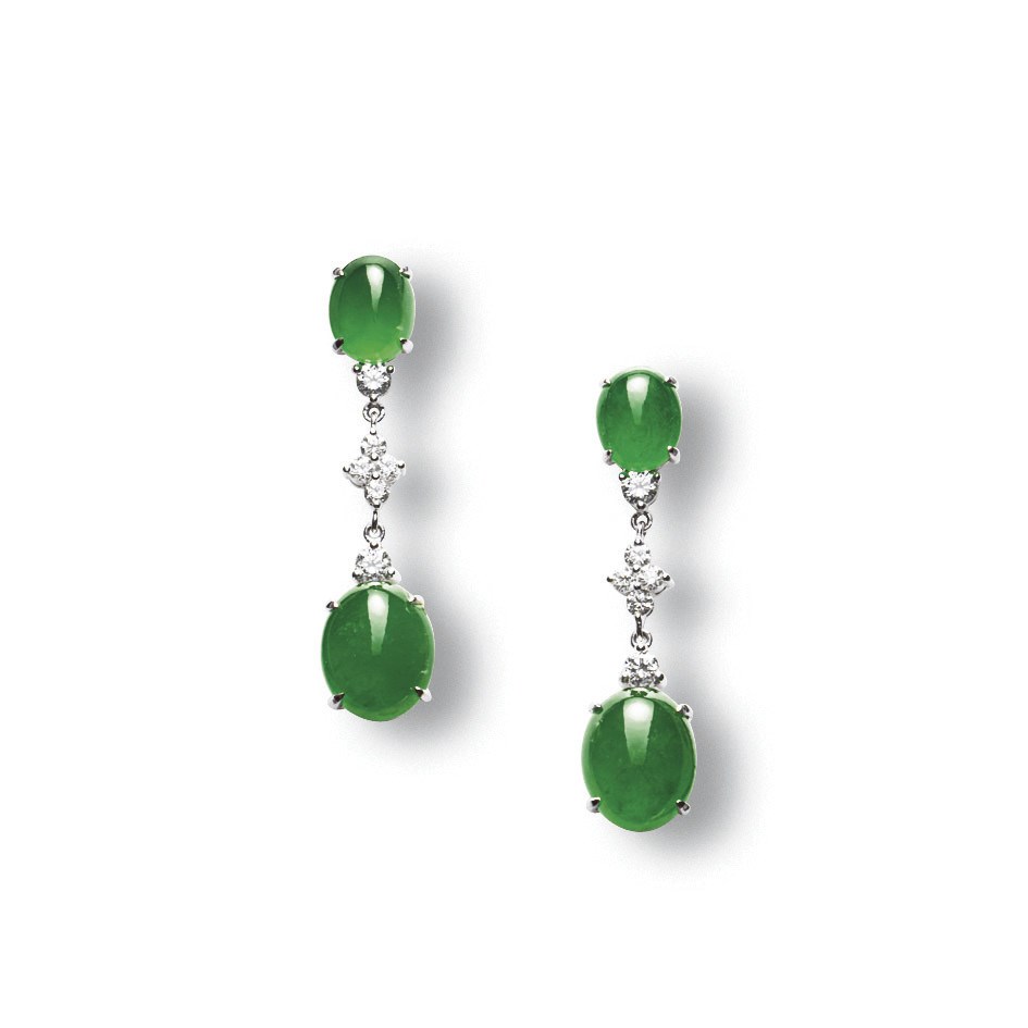 A PAIR OF JADEITE AND DIAMOND EAR PENDANTS