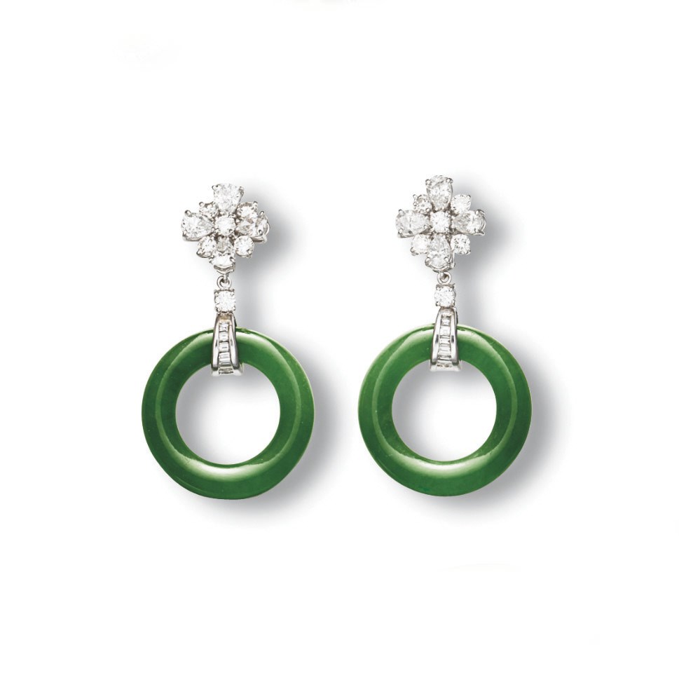 A PAIR OF JADEITE HOOP AND DIAMOND EAR PENDANTS