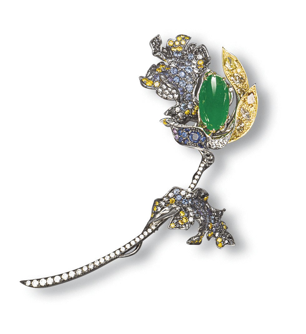 A JADEITE, MULTI-COLOURED DIAMOND AND SAPPHIRE BROOCH, BY CINDY CHAO