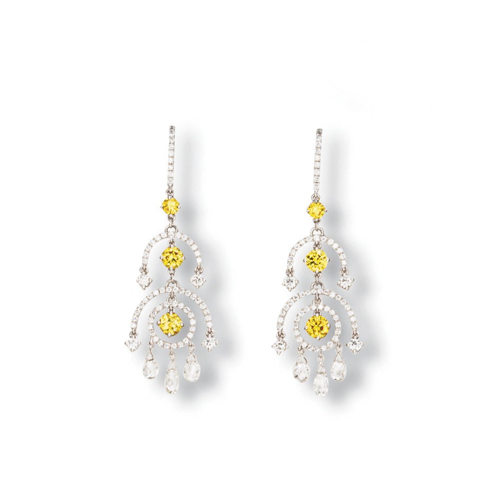 A PAIR OF COLOURED DIAMOND AND DIAMOND EAR PENDANTS