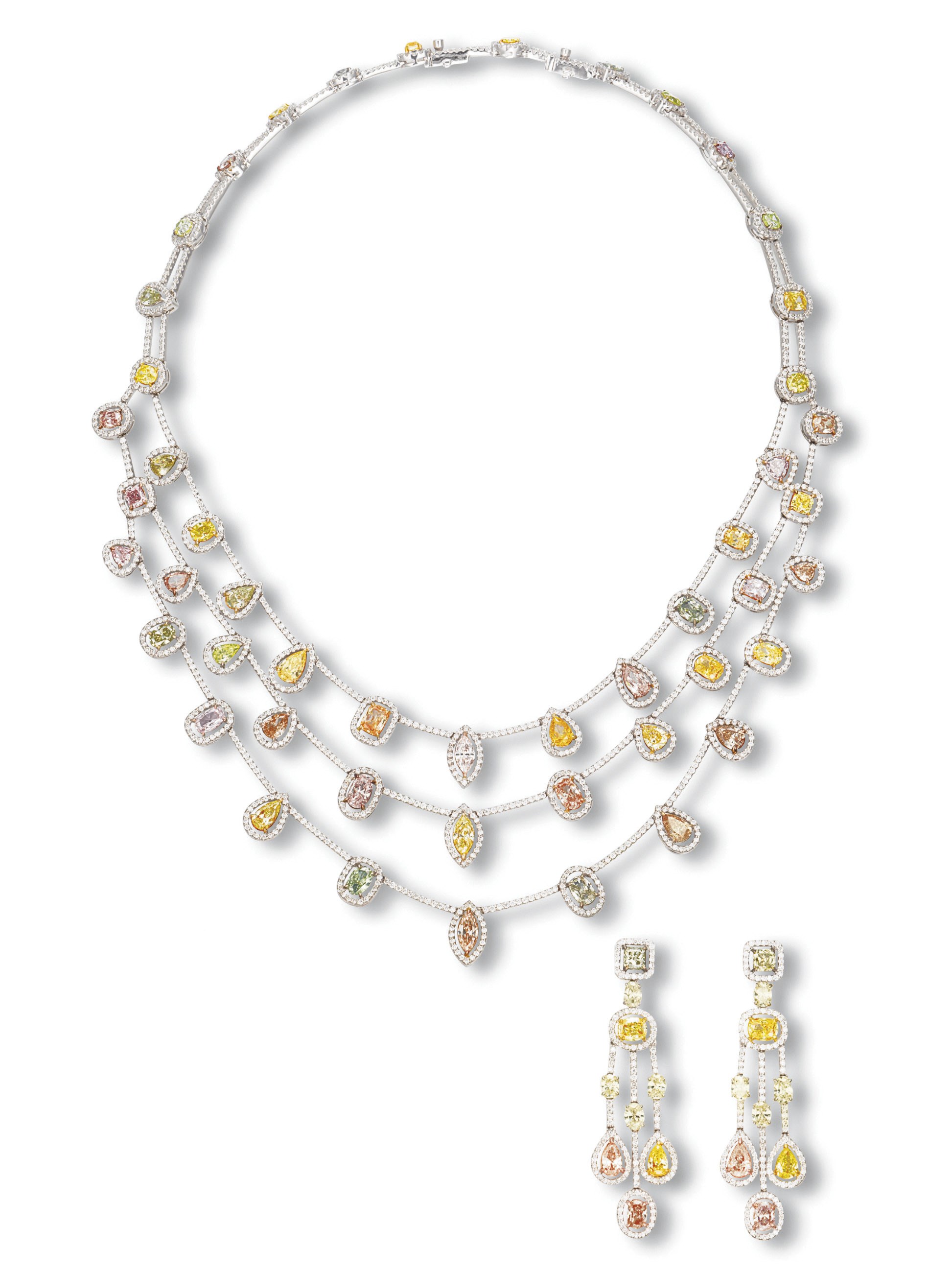 A SUITE OF COLOURED DIAMOND AND DIAMOND JEWELLERY