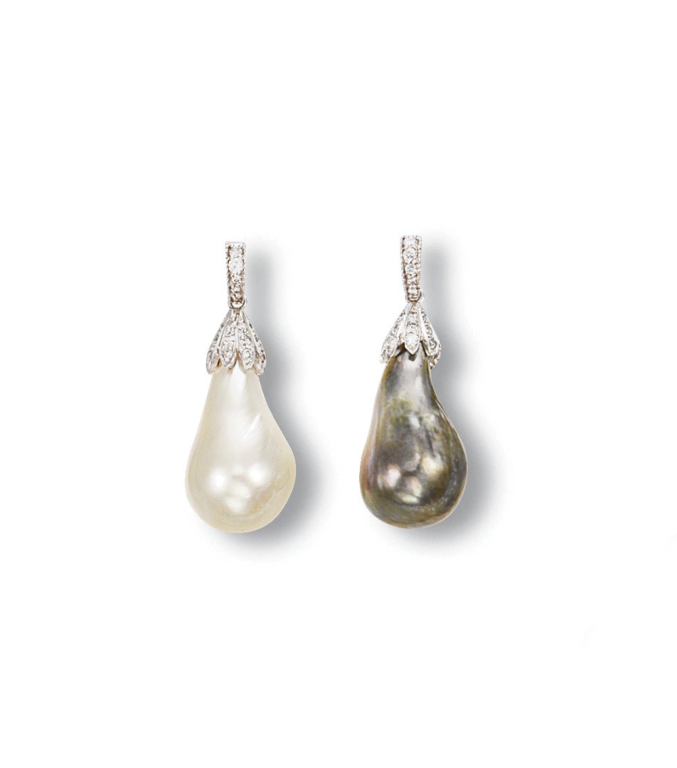 A PAIR OF CULTURED PEARL AND DIAMOND EAR PENDANTS